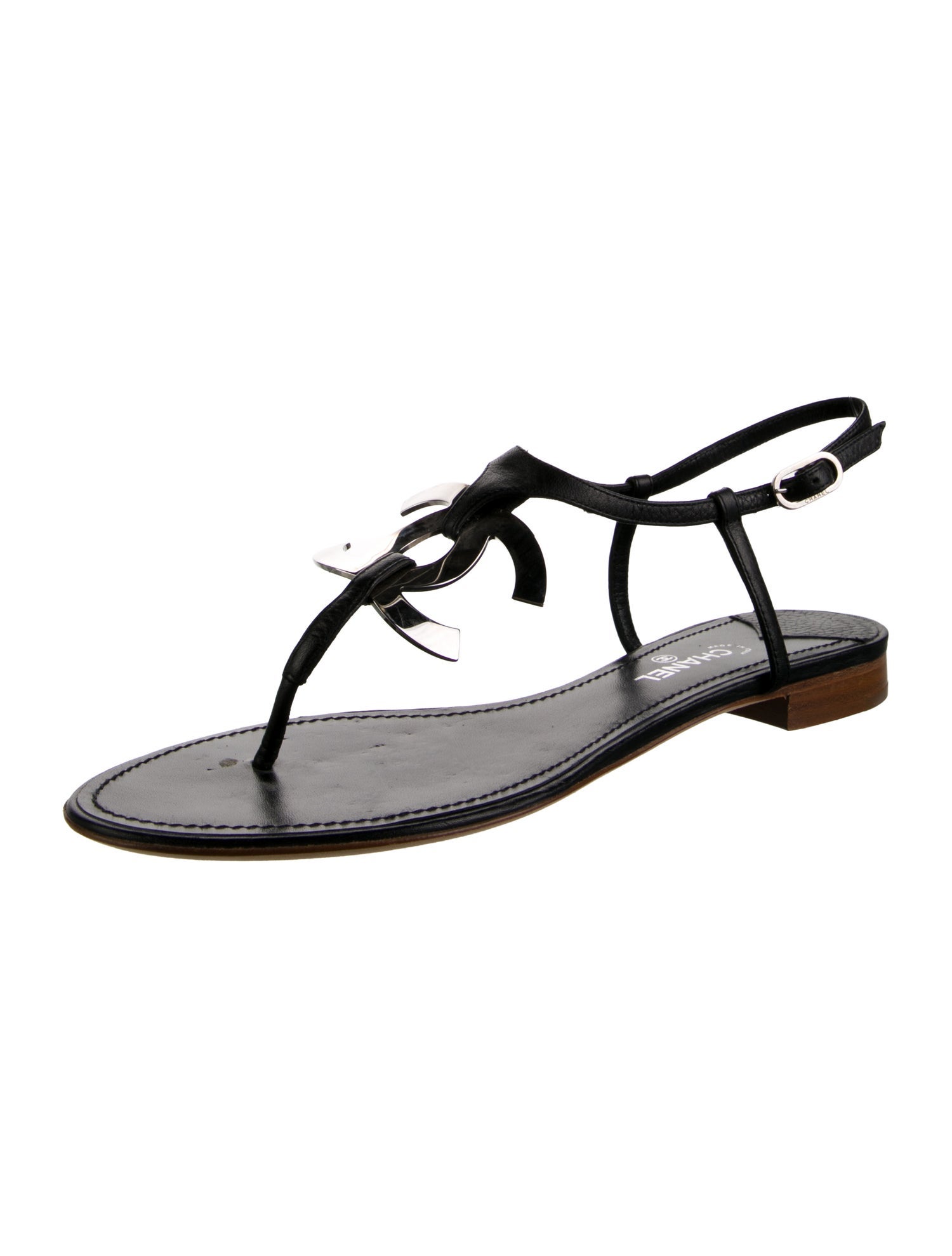 Chanel Interlocking CC Logo Leather T-Strap Sandals