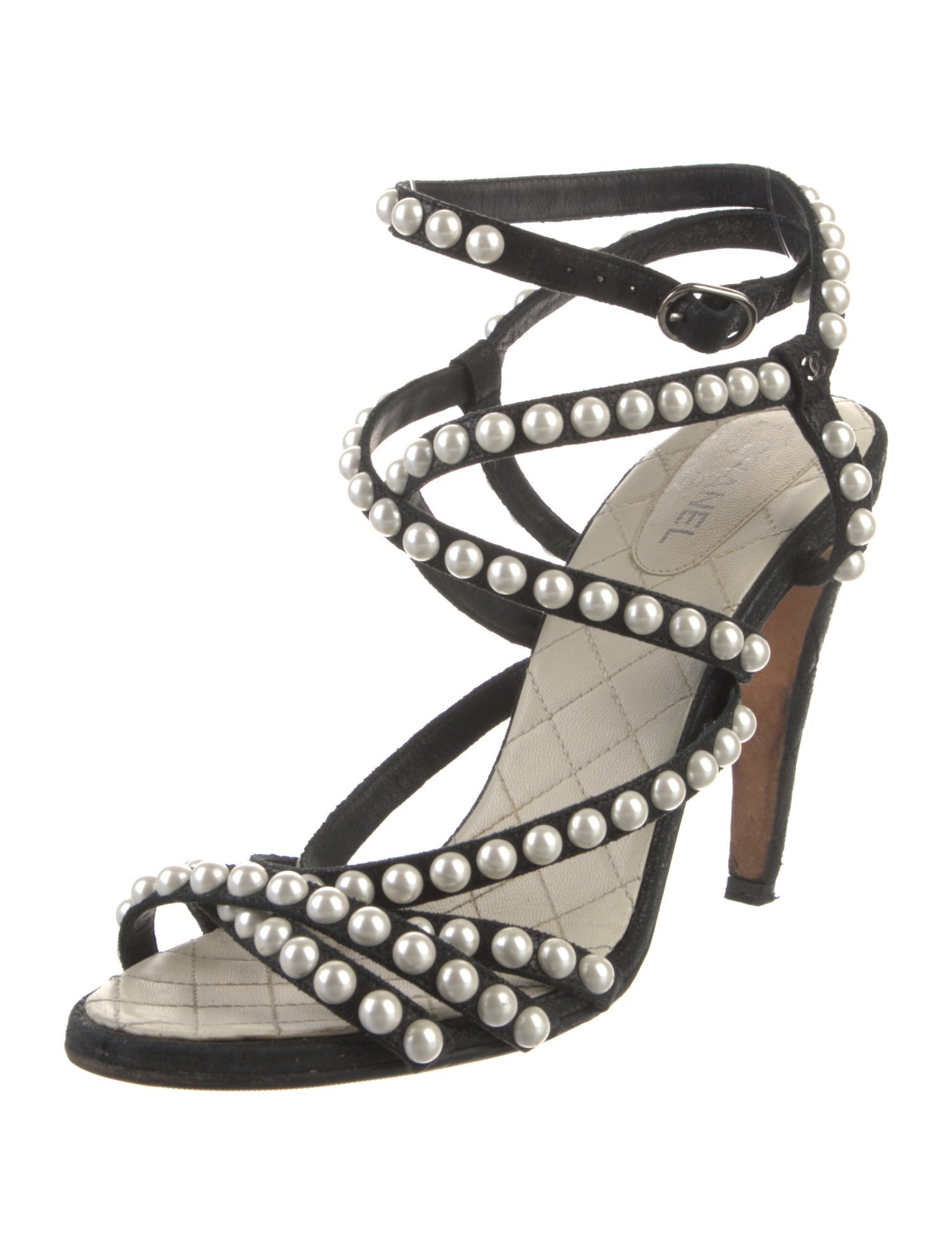 Chanel Faux Pearl Accents Suede Sandals