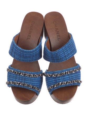 Chanel Interlocking CC Logo Tweed Slides