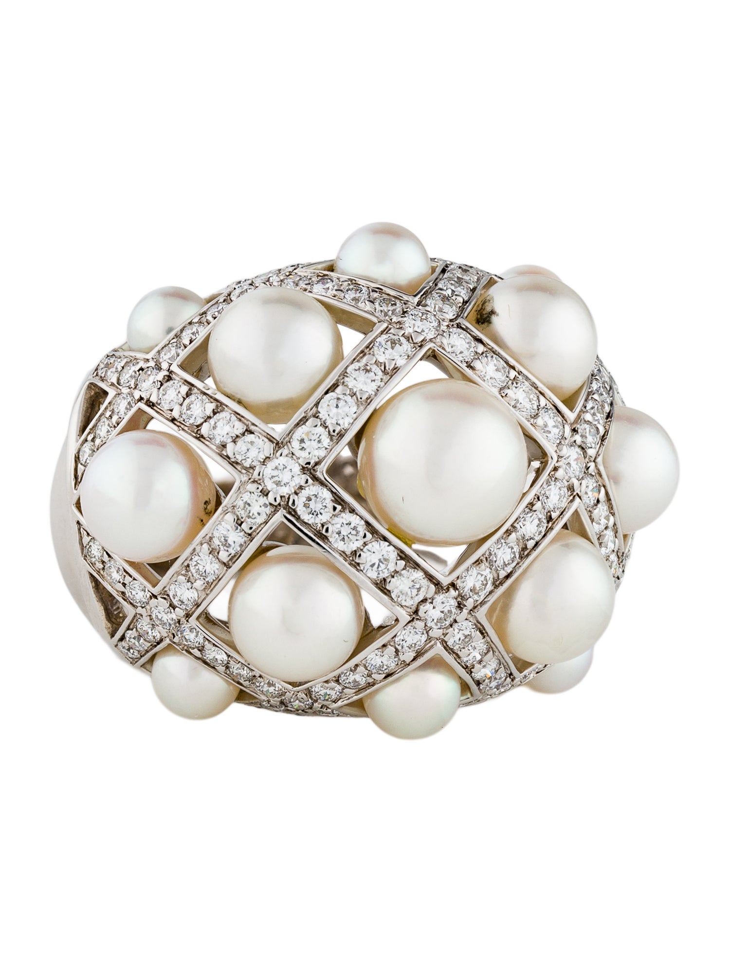 Chanel 18K Pearl & Diamond Matelassé Cocktail Ring