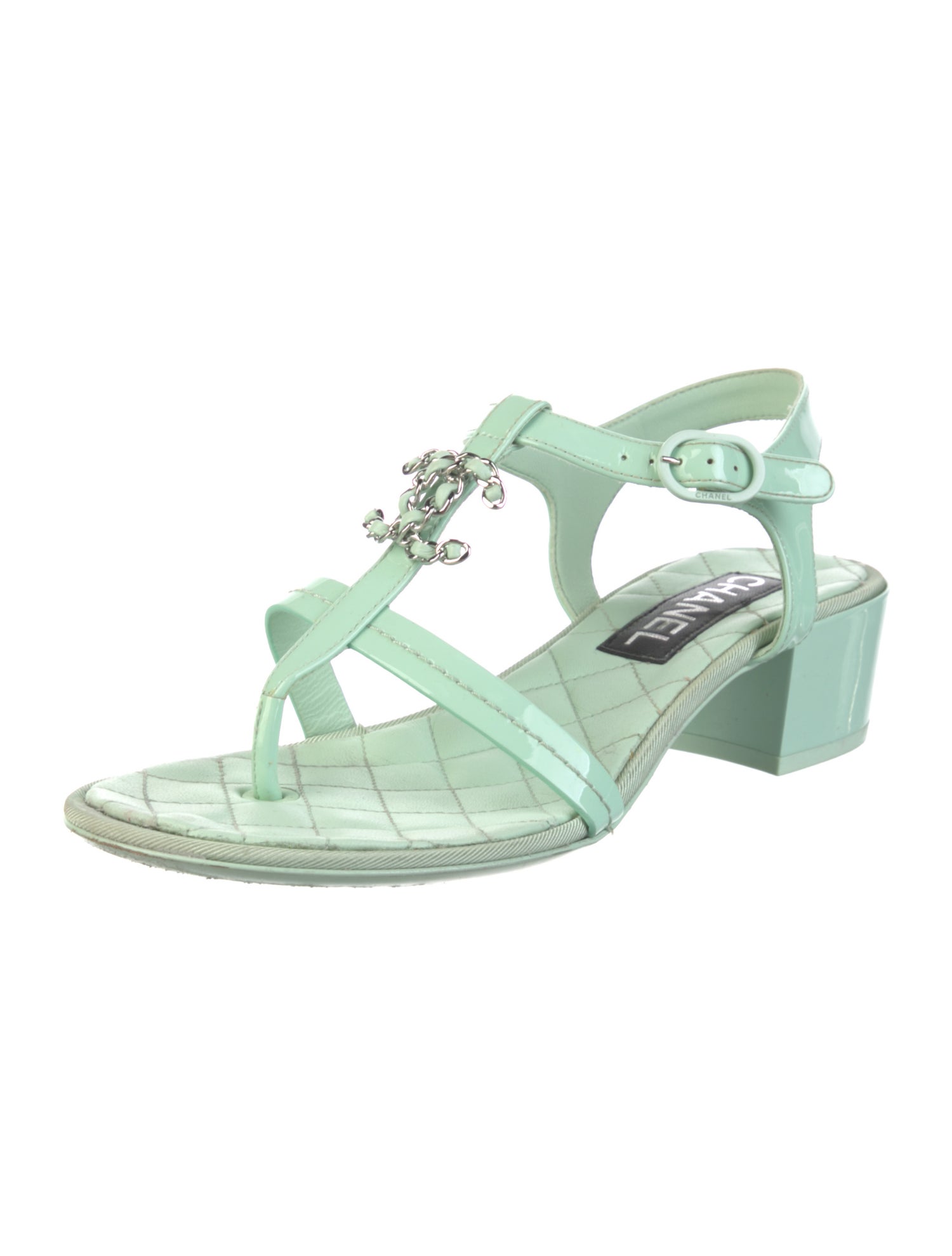 Chanel Interlocking CC Logo Patent Leather T-Strap Sandals