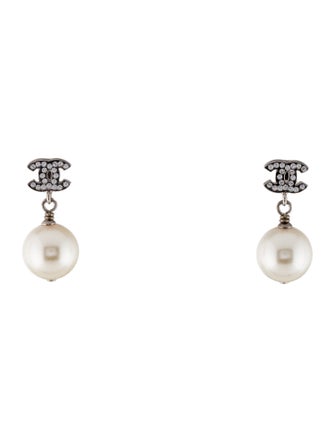 Chanel Faux Pearl & Strass CC Drop Earrings