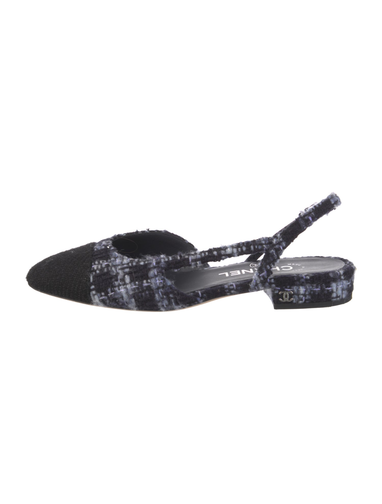 Chanel Interlocking CC Logo Tweed Slingback Flats