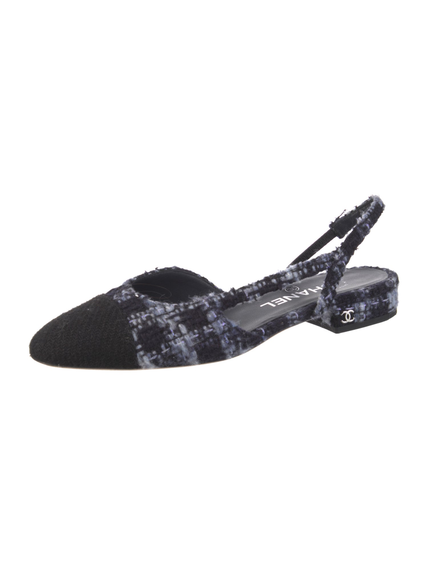 Chanel Interlocking CC Logo Tweed Slingback Flats