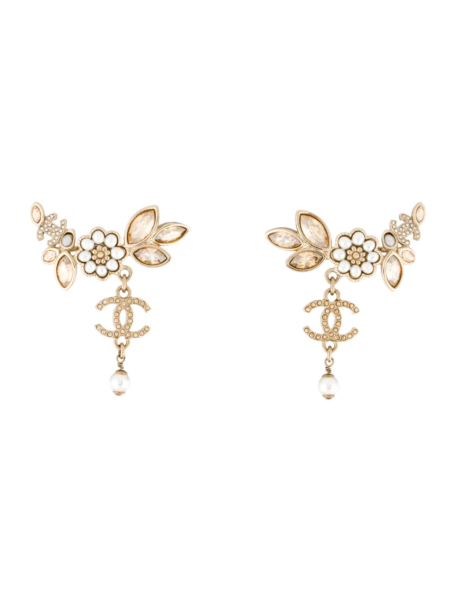 Chanel 2022 Faux Pearl & Strass CC Floral Ear Climber Drop Earrings
