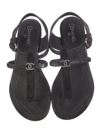 Chanel Interlocking CC Logo Ponyhair T-Strap Sandals