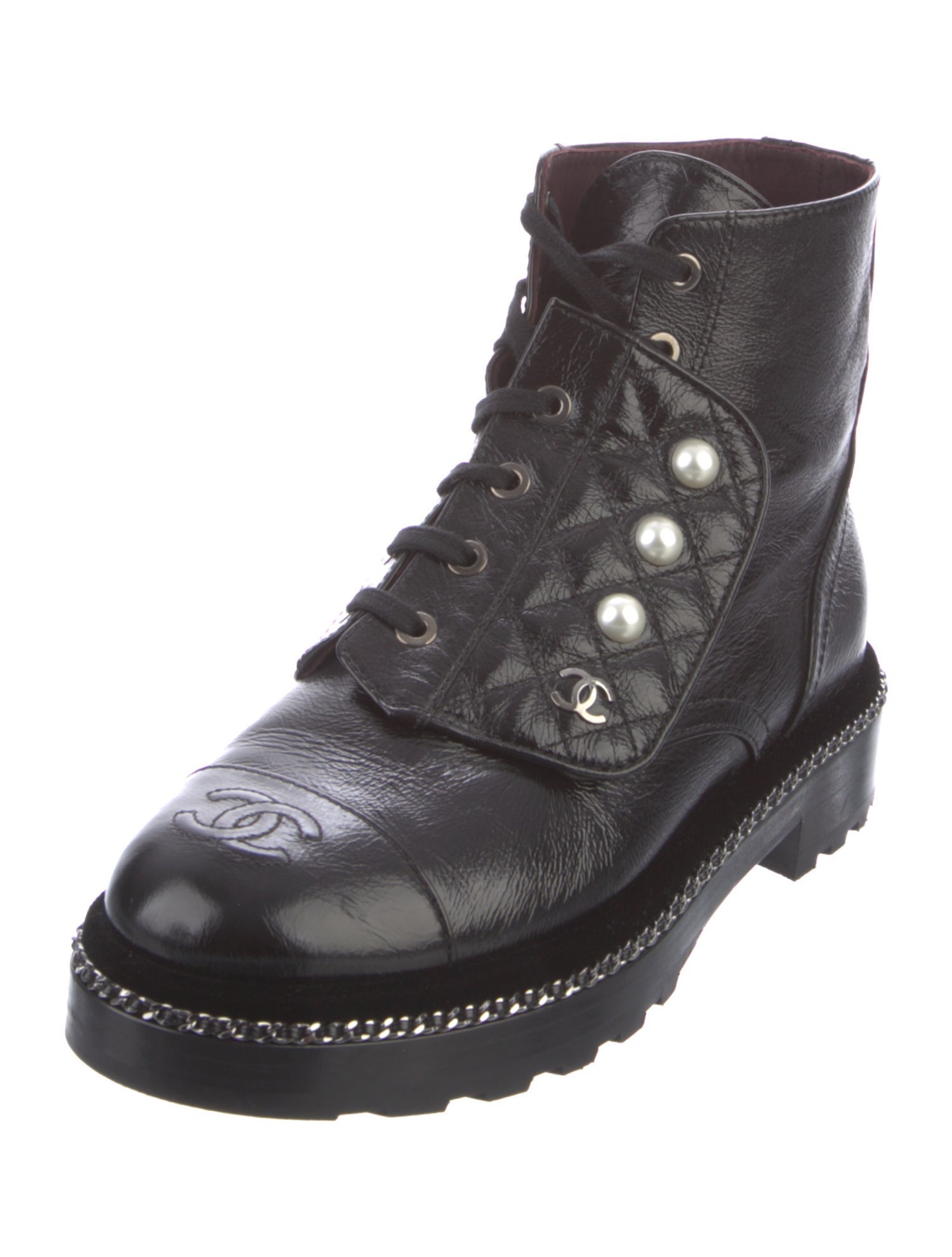 Chanel 2018 Faux Pearl Accents Combat Boots