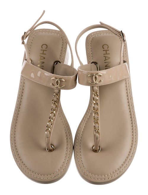 Chanel Interlocking CC Logo Patent Leather T-Strap Sandals