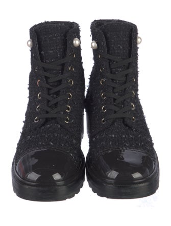 Chanel Interlocking CC Logo Tweed Combat Boots