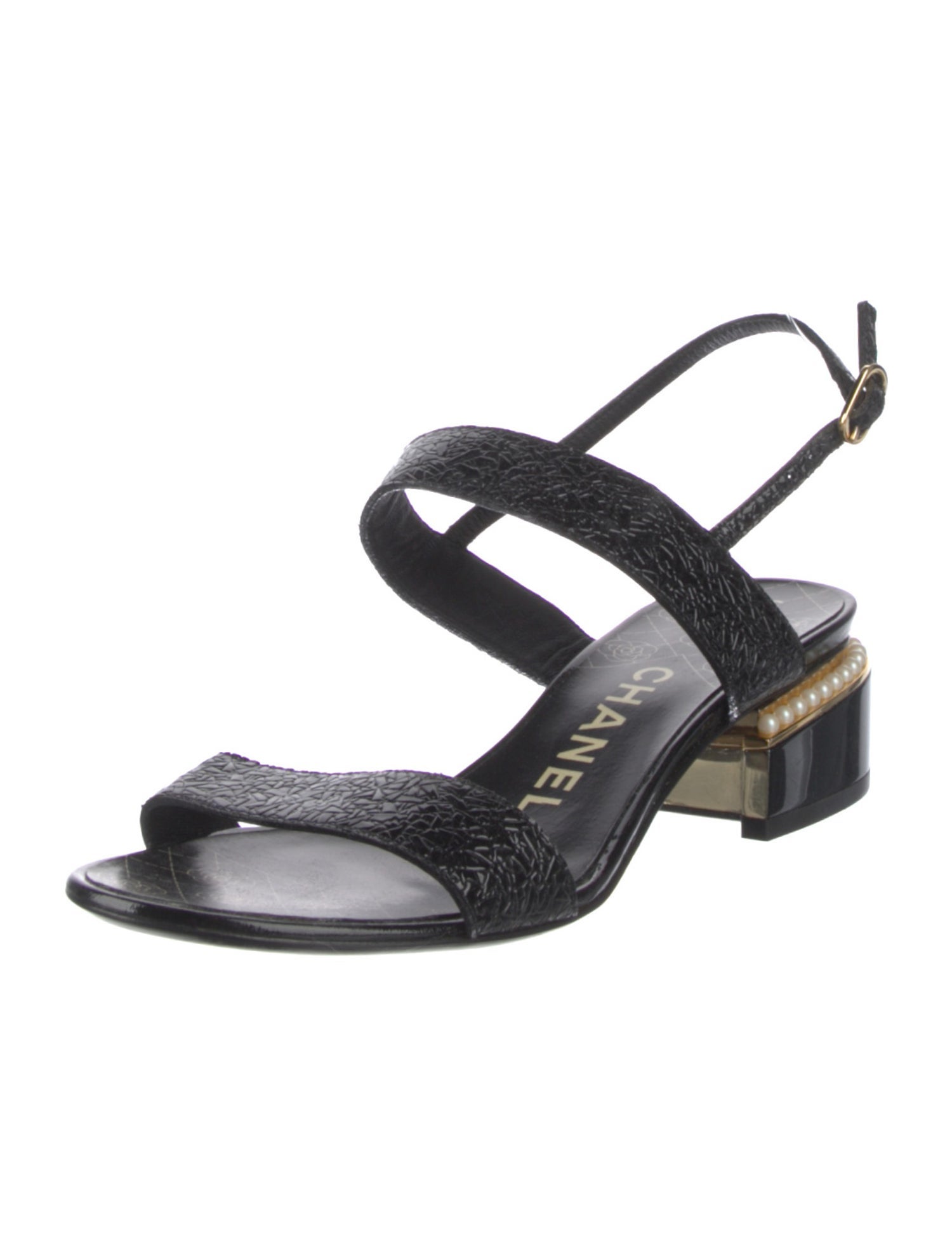 Chanel Interlocking CC Logo Patent Leather Slingback Sandals