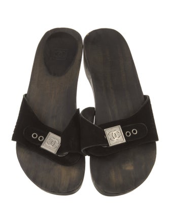 Chanel Interlocking CC Logo Suede Slides