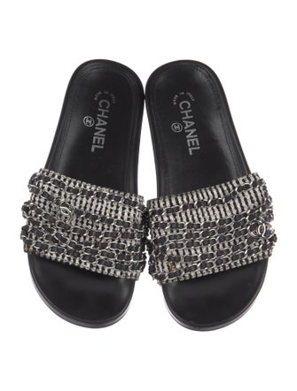 Chanel Interlocking CC Logo Tweed Slides