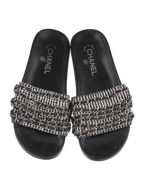 Chanel Interlocking CC Logo Tweed Slides