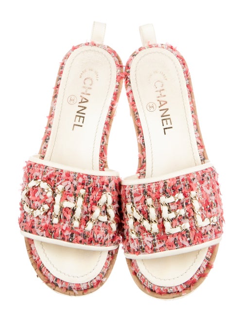Chanel Interlocking CC Logo Tweed Slides