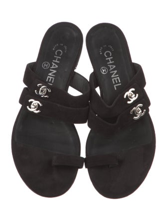 Chanel Interlocking CC Logo Suede Slides