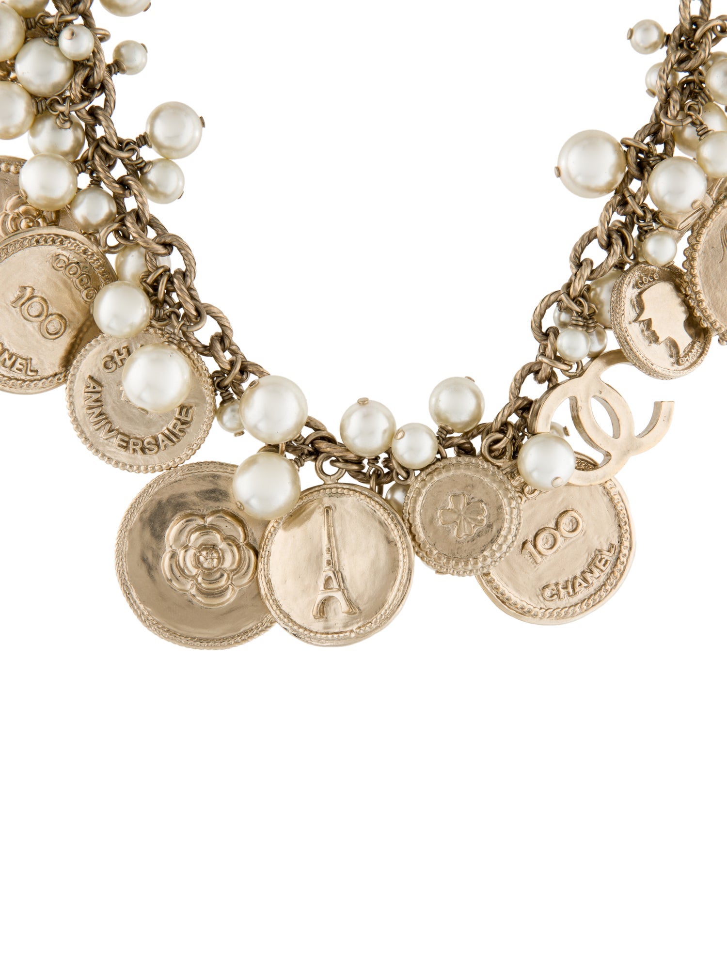 Chanel Faux Pearl 100th Anniversary Medallion Coin Necklace