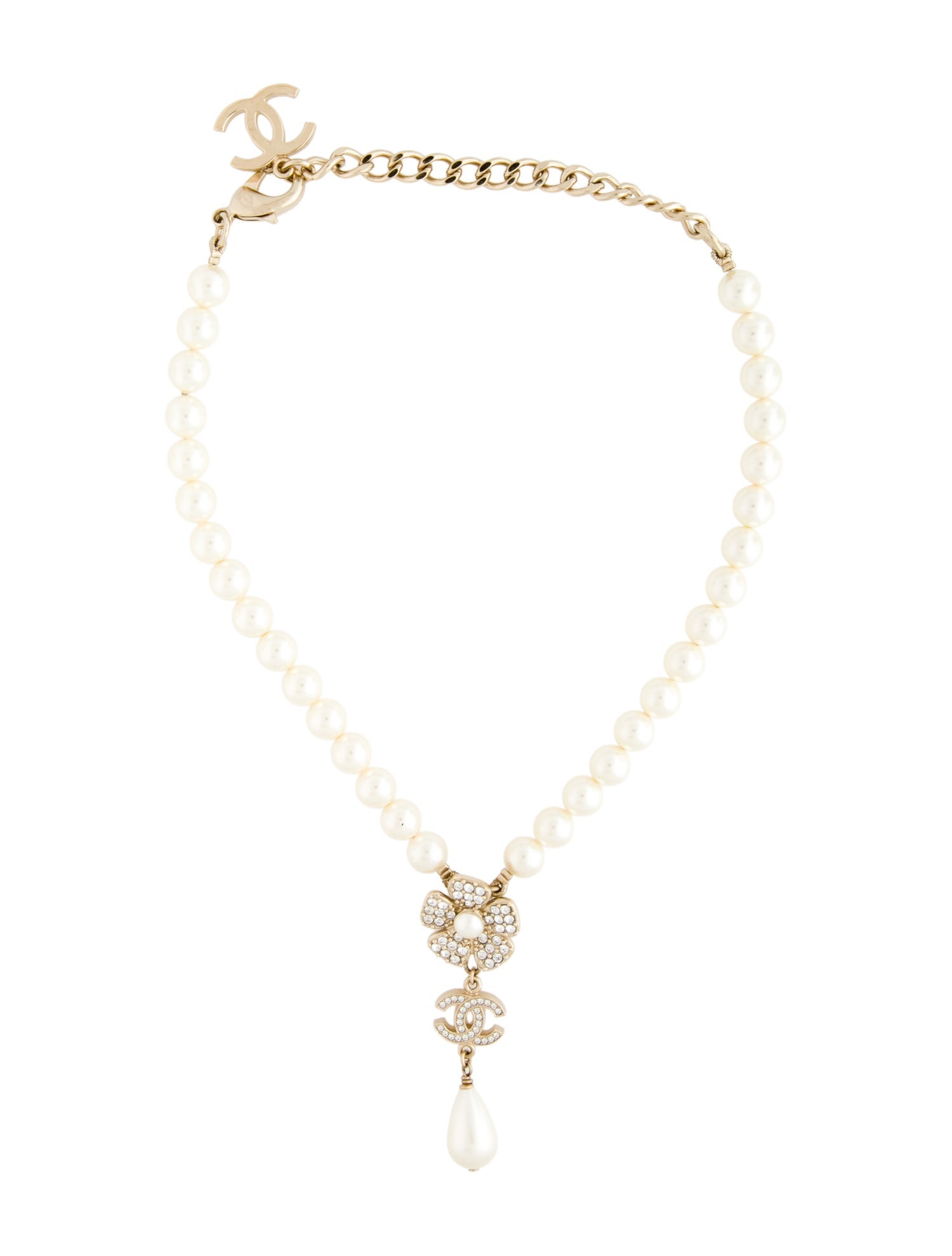 Chanel 2023 Faux Pearl & Strass CC Flower Pendant Necklace