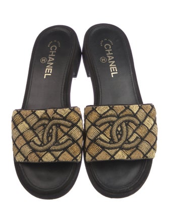Chanel Interlocking CC Logo Suede Slides