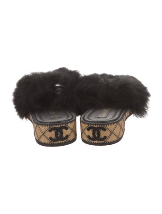 Chanel Interlocking CC Logo Shearling Slides