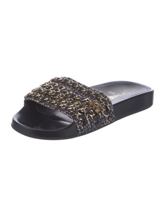 Chanel Interlocking CC Logo Tweed Slides