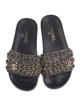 Chanel Interlocking CC Logo Tweed Slides