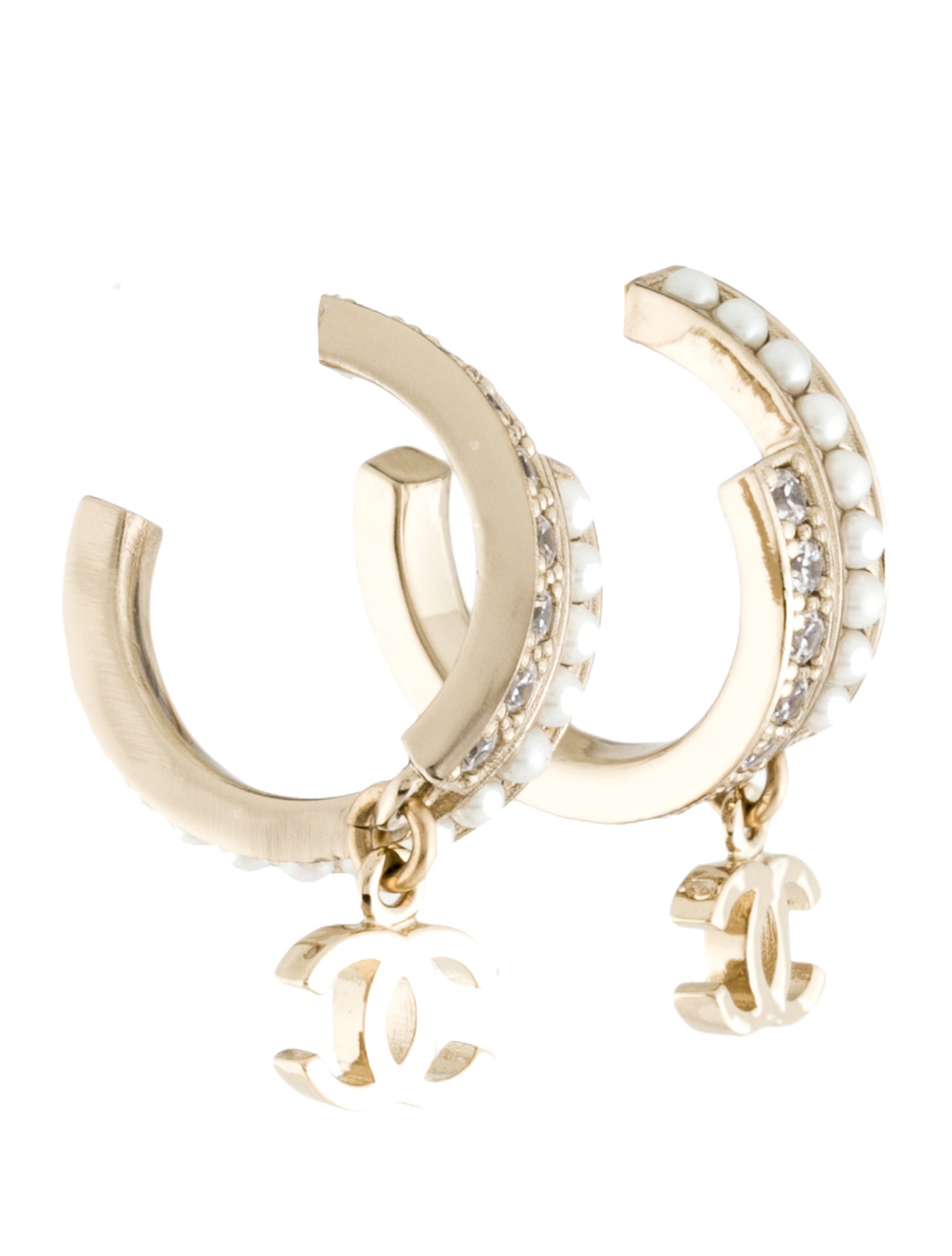 Chanel 2022 Faux Pearl & Strass CC Hoop Earrings