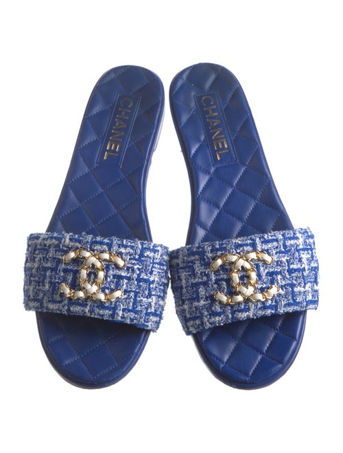 Chanel Interlocking CC Logo Tweed Slides
