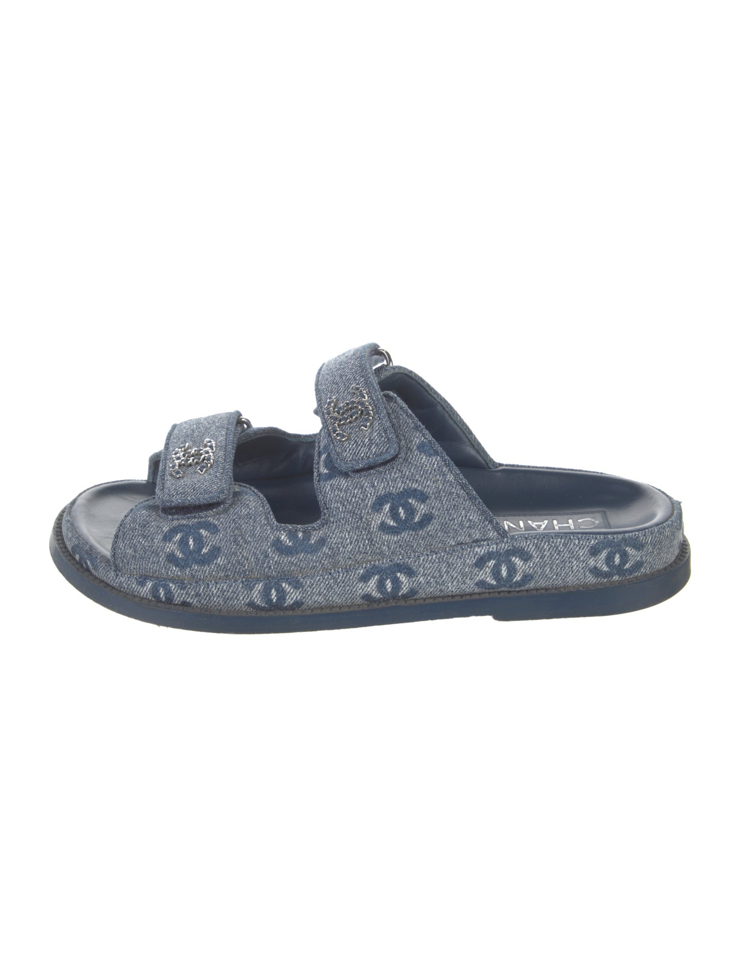 Chanel Interlocking CC Logo Denim Slides