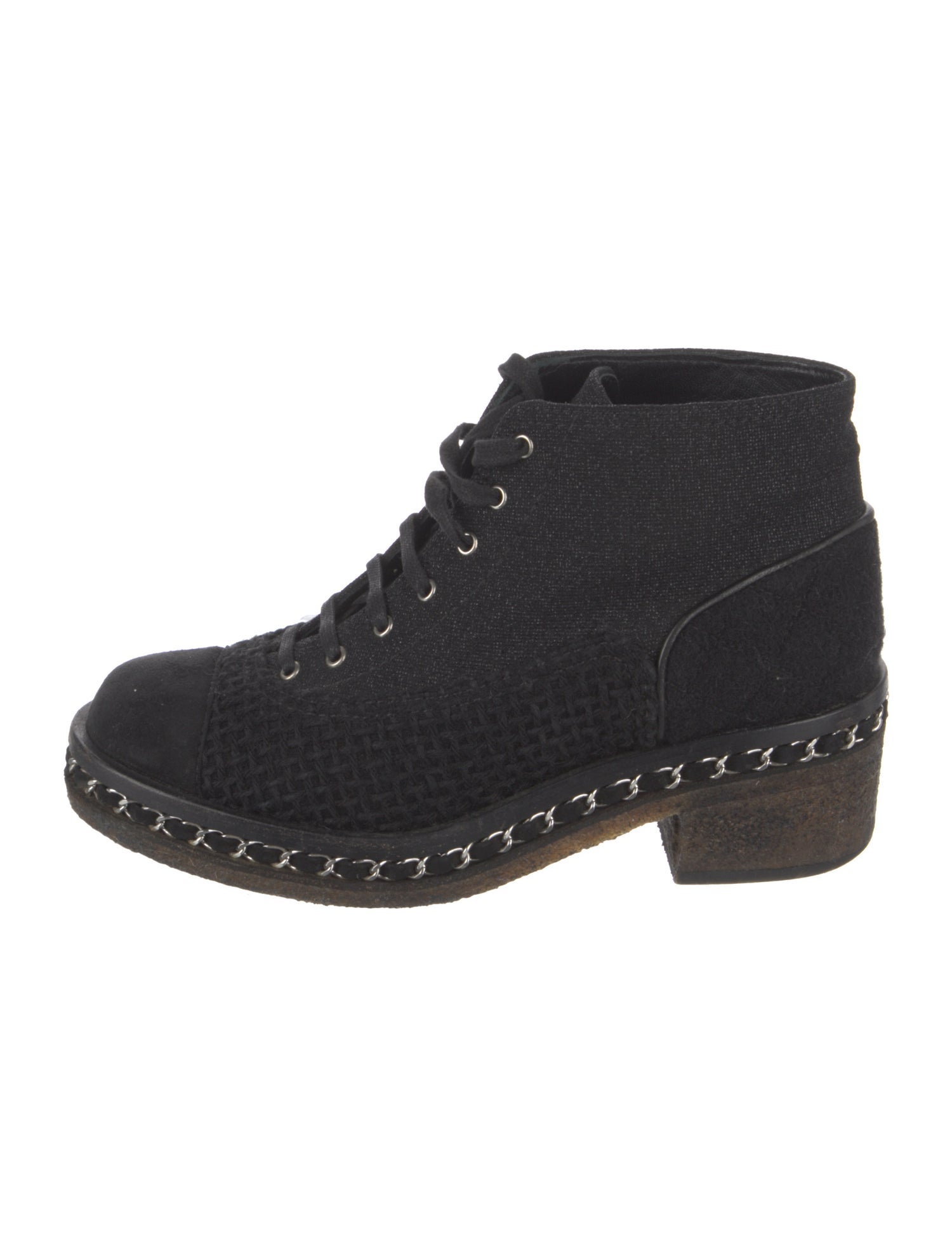 Chanel Interlocking CC Logo Tweed Lace-Up Boots