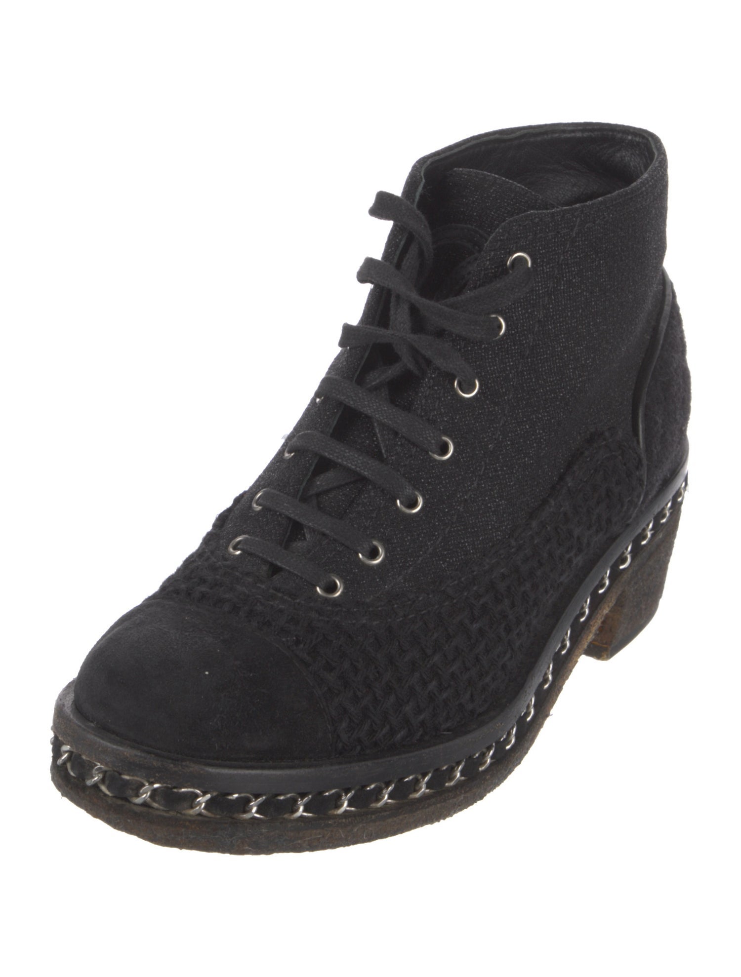 Chanel Interlocking CC Logo Tweed Lace-Up Boots