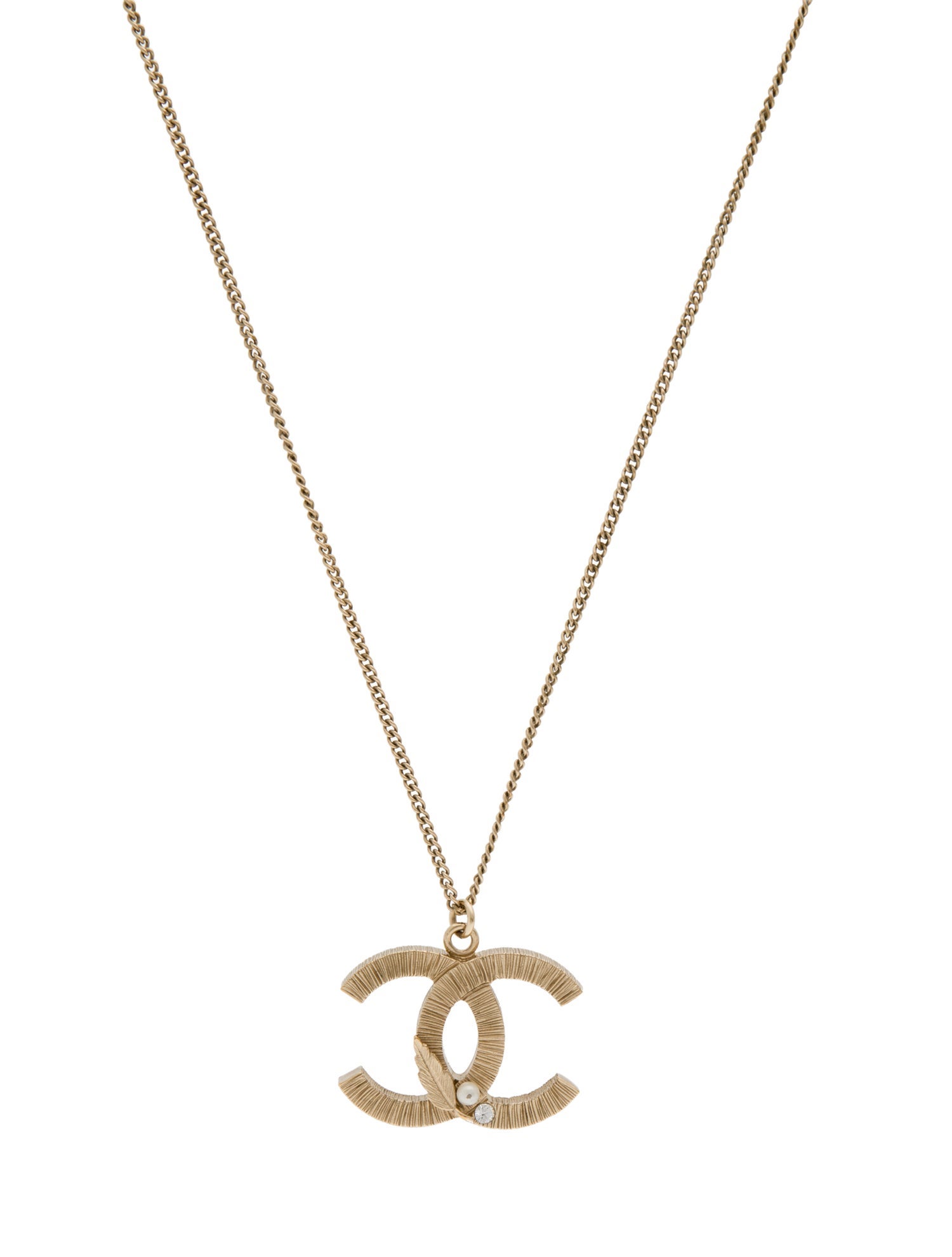 Chanel Faux Pearl & Strass Leaf CC Pendant Necklace