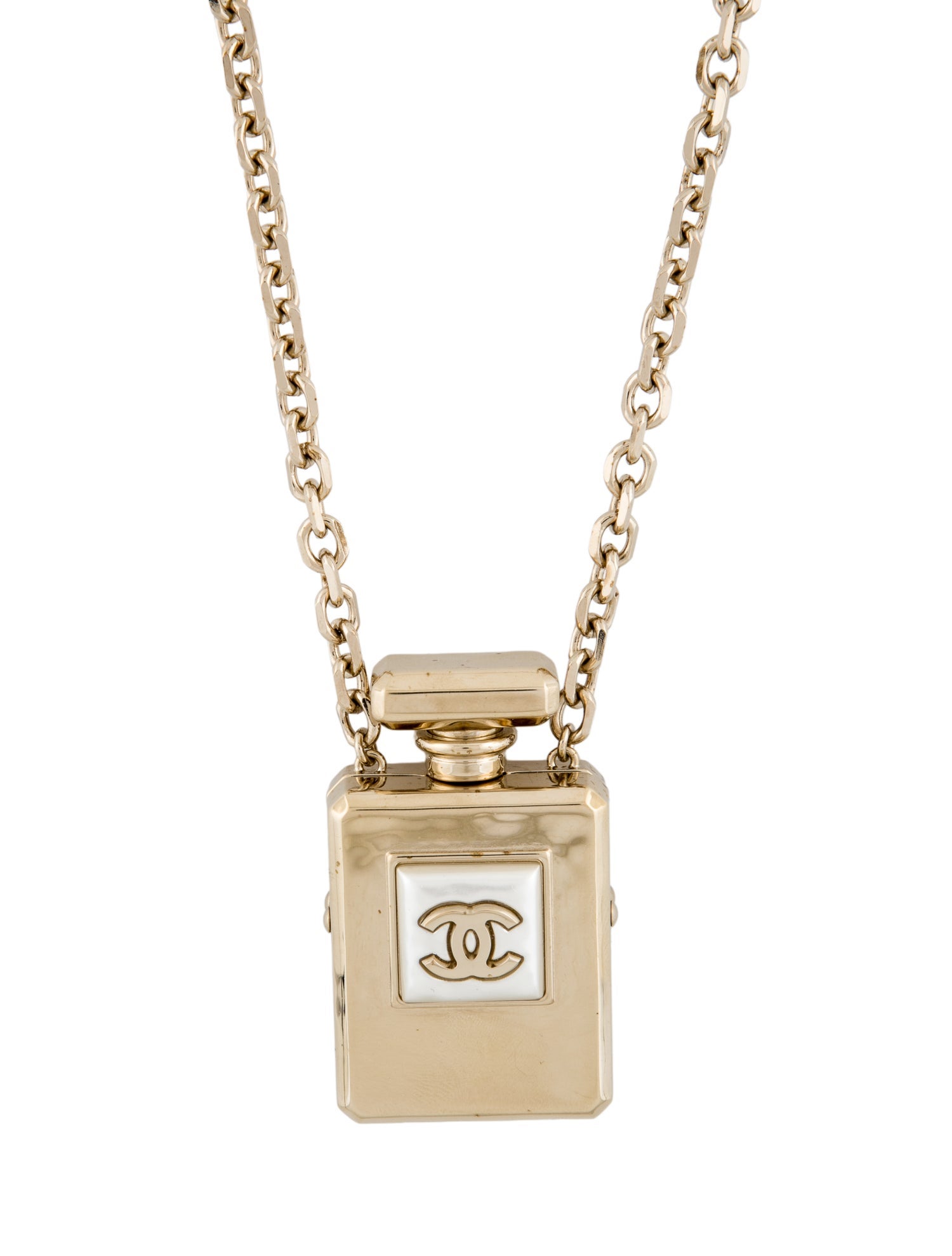 Chanel 2022 Faux Pearl CC Perfume Bottle Locket Long Pendant Necklace