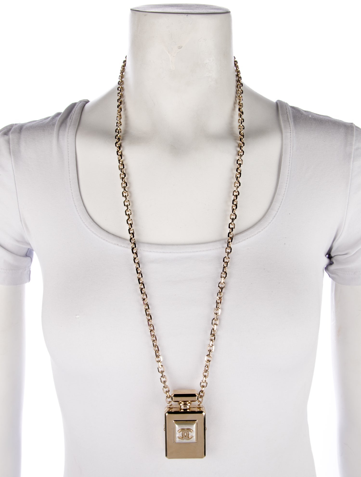 Chanel 2022 Faux Pearl CC Perfume Bottle Locket Long Pendant Necklace