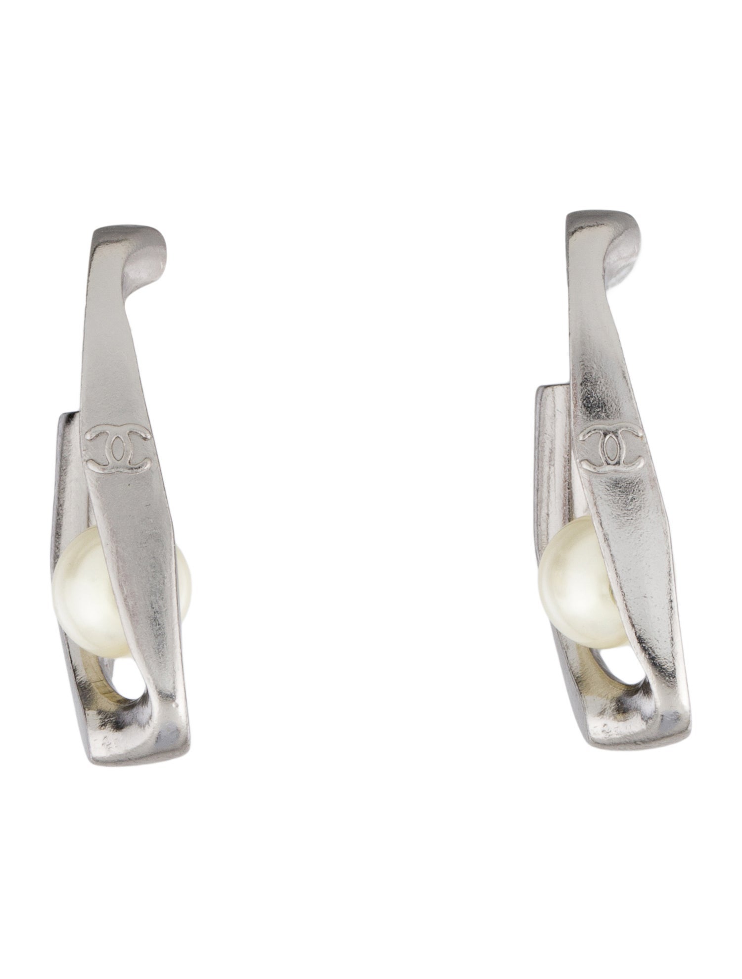 Chanel Vintage Faux Pearl J Hoop Earrings