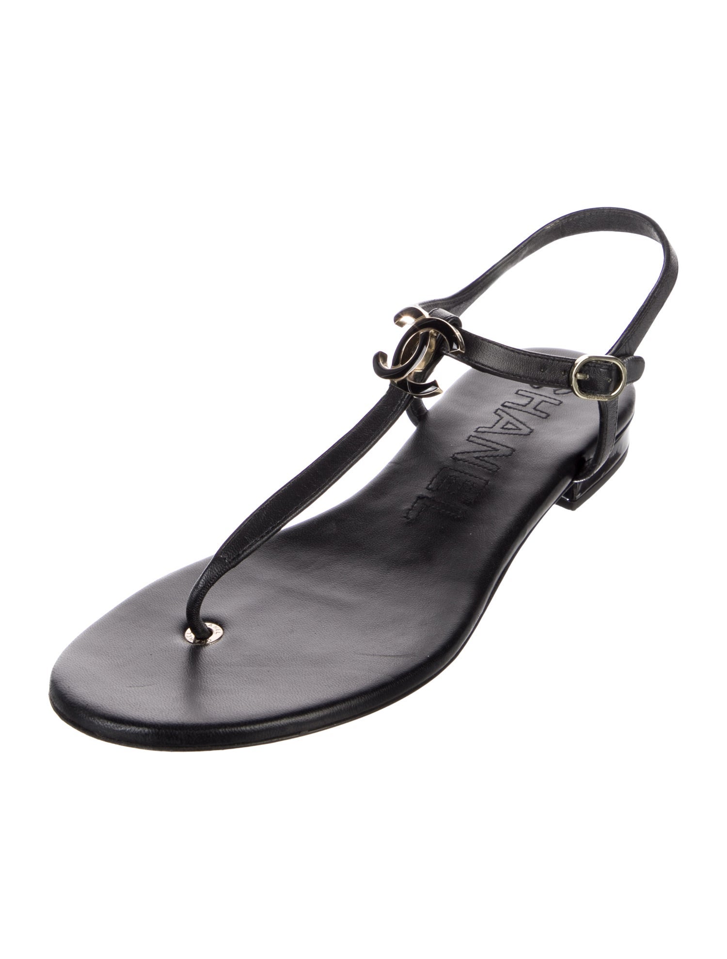 Chanel Interlocking CC Logo Leather T-Strap Sandals
