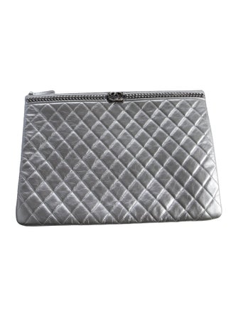 Chanel Quilted Large Boy Chain Around Cosmetic Case Silver