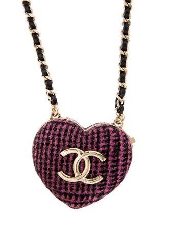 Chanel 2022 Leather, Tweed & Resin CC Heart Locket Pendant Necklace
