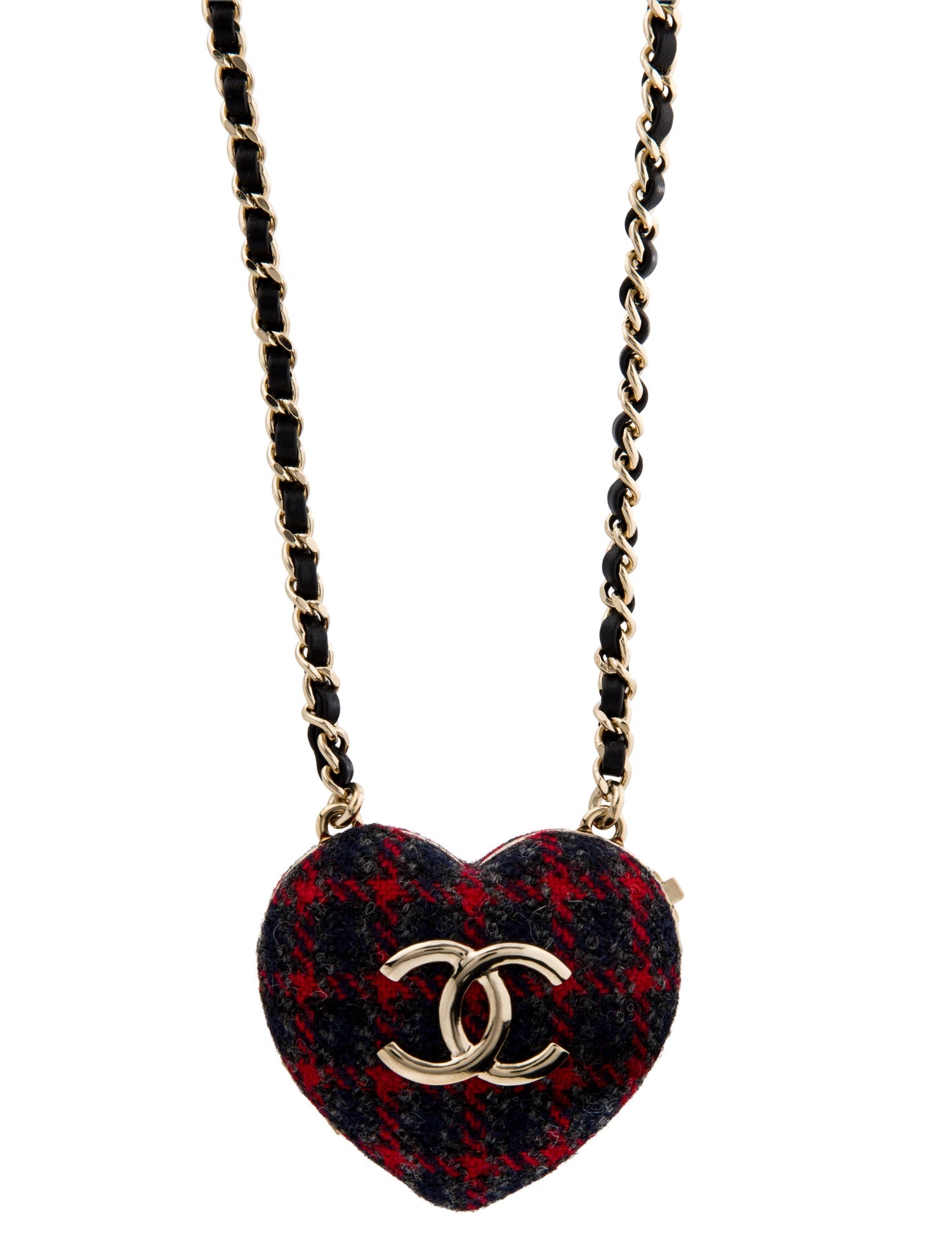 Chanel 2022 Leather, Tweed, & Resin CC Heart Locket Pendant Necklace