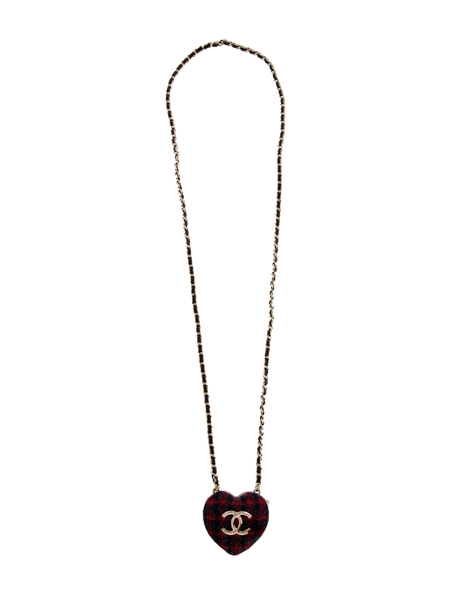 Chanel 2022 Leather, Tweed, & Resin CC Heart Locket Pendant Necklace