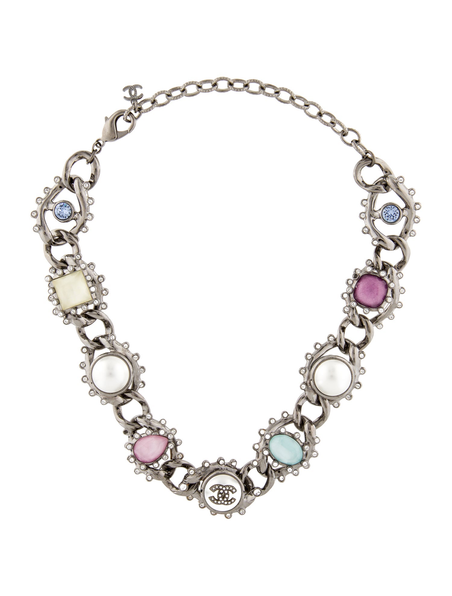Chanel 2021 Faux Pearl, Resin & Strass CC Chain Link Choker Necklace
