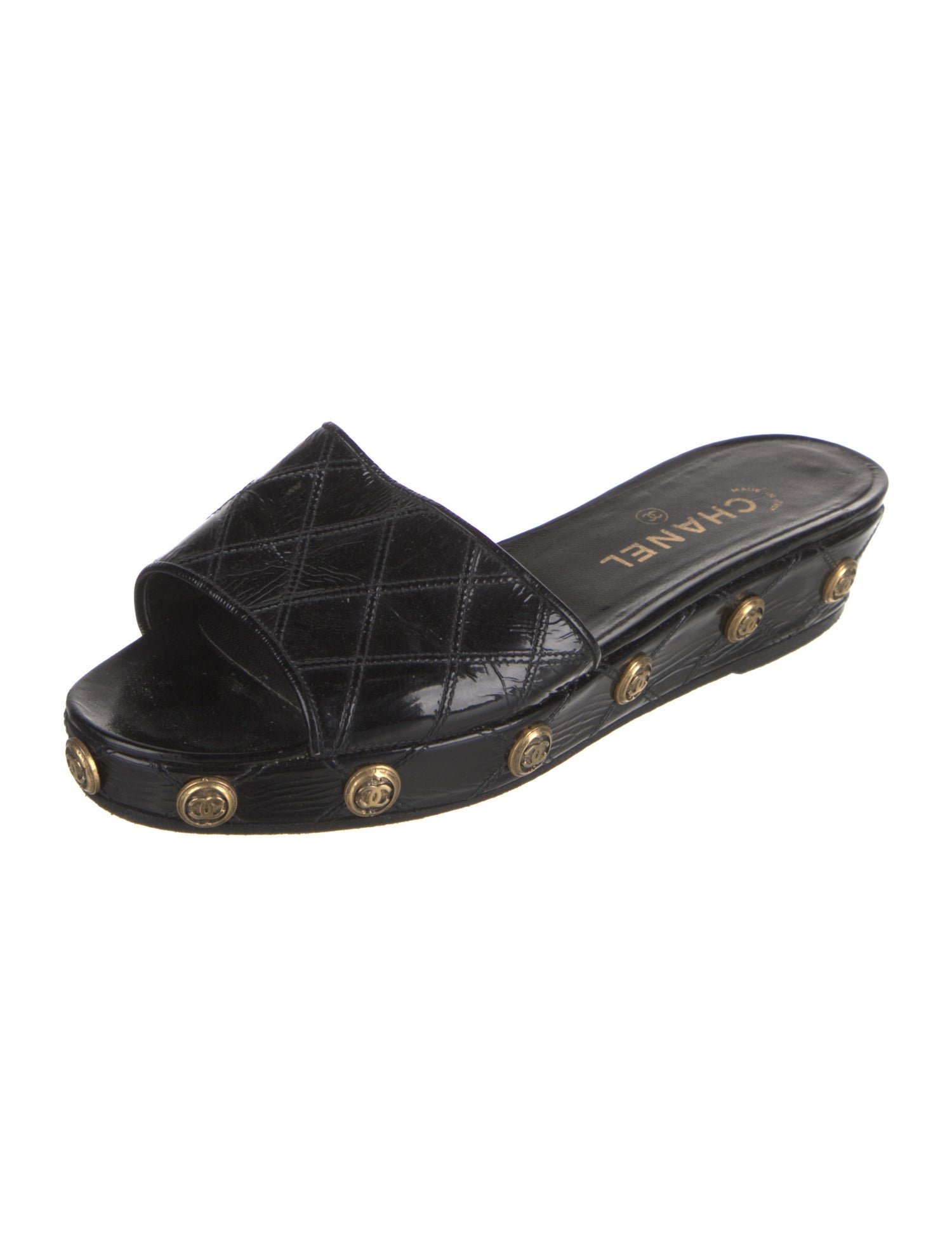 Chanel Interlocking CC Logo Patent Leather Slides