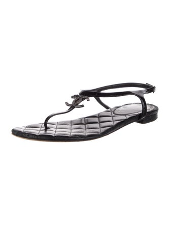 Chanel Interlocking CC Logo Patent Leather T-Strap Sandals