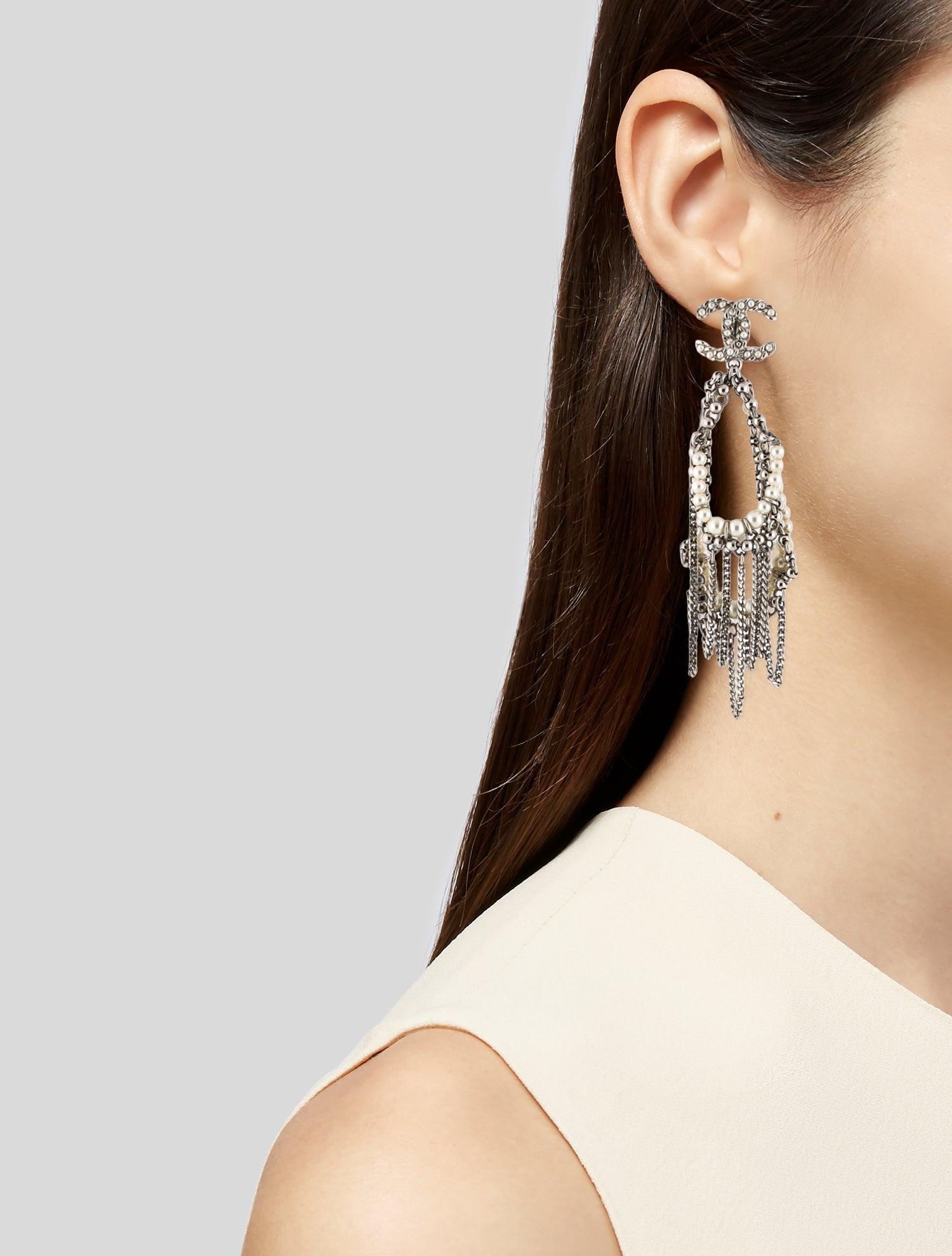 Chanel Faux Pearl CC Drop Fringe Earrings