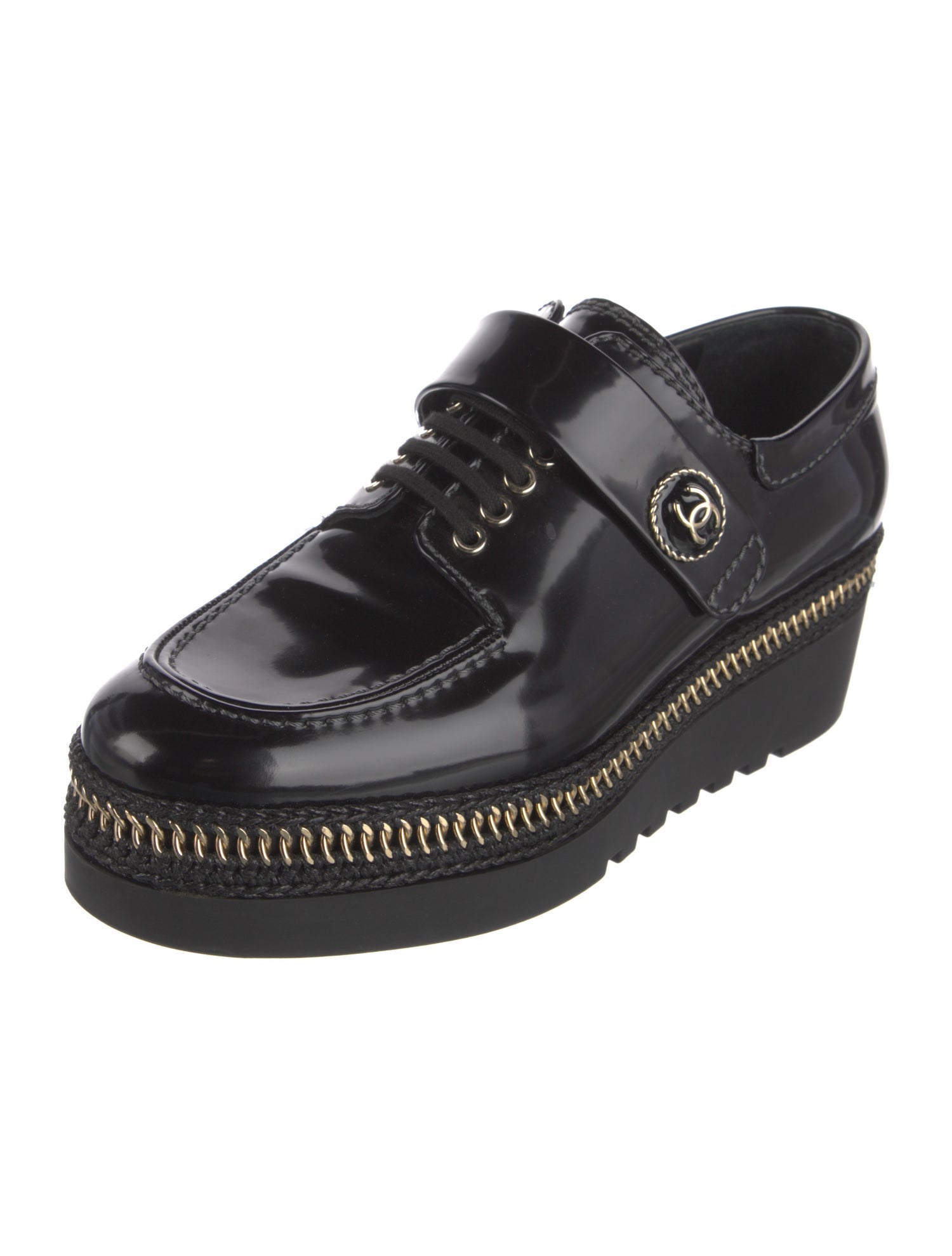 Chanel Interlocking CC Logo Patent Leather Oxfords