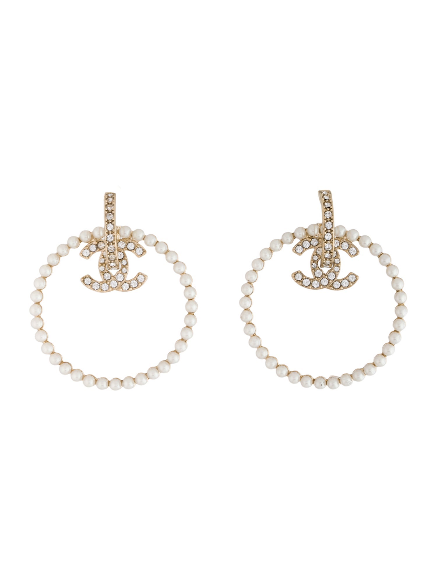 Chanel 2022 Faux Pearl & Strass CC Drop Hoop Earrings