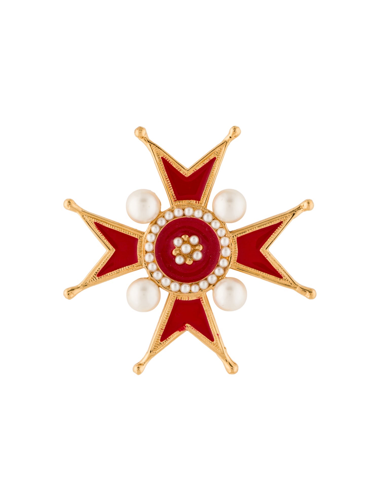 Chanel Vintage Faux Pearl & Enamel Maltese Cross Brooch