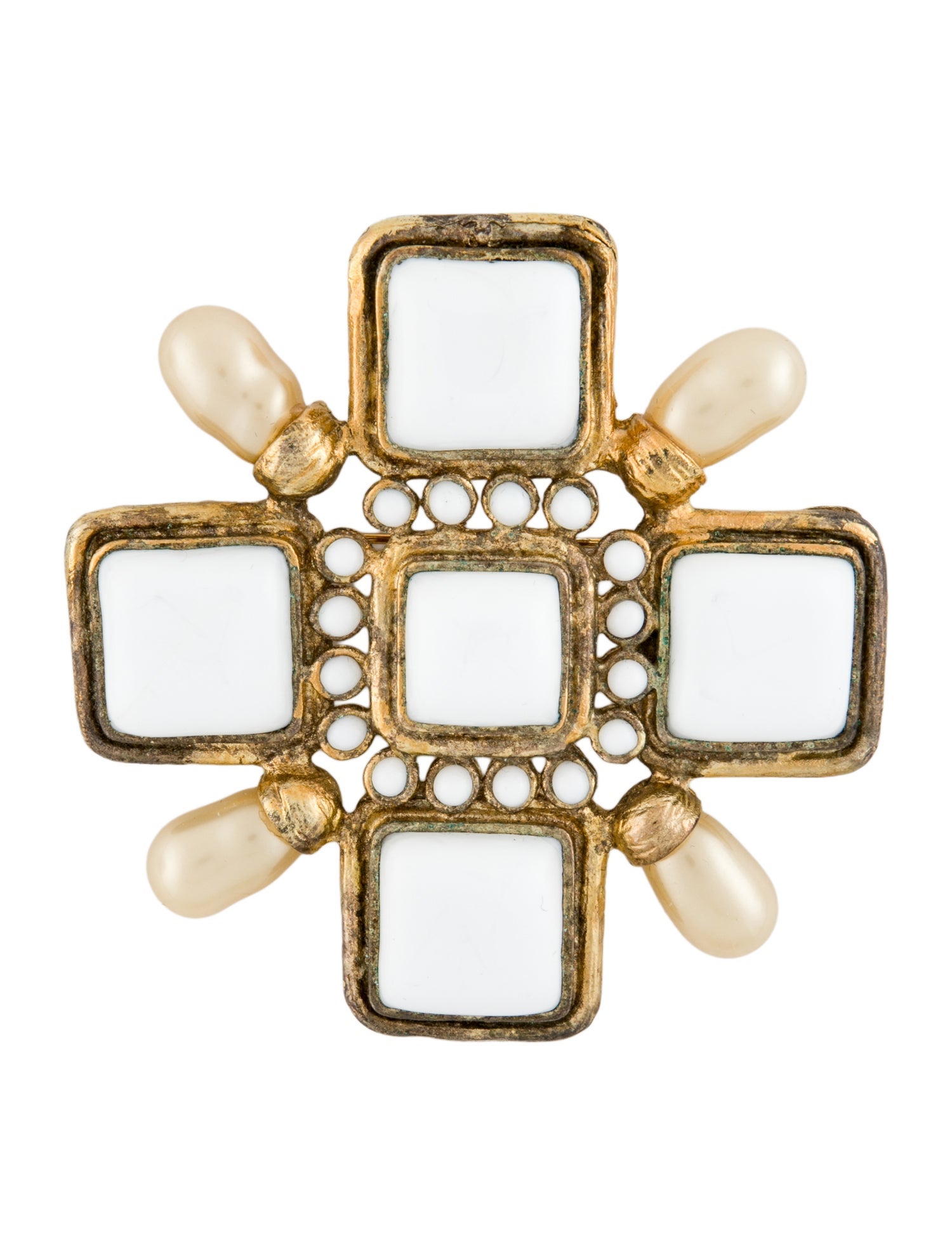 Chanel Vintage Faux Pearl & Gripoix Maltese Cross Pendant Brooch