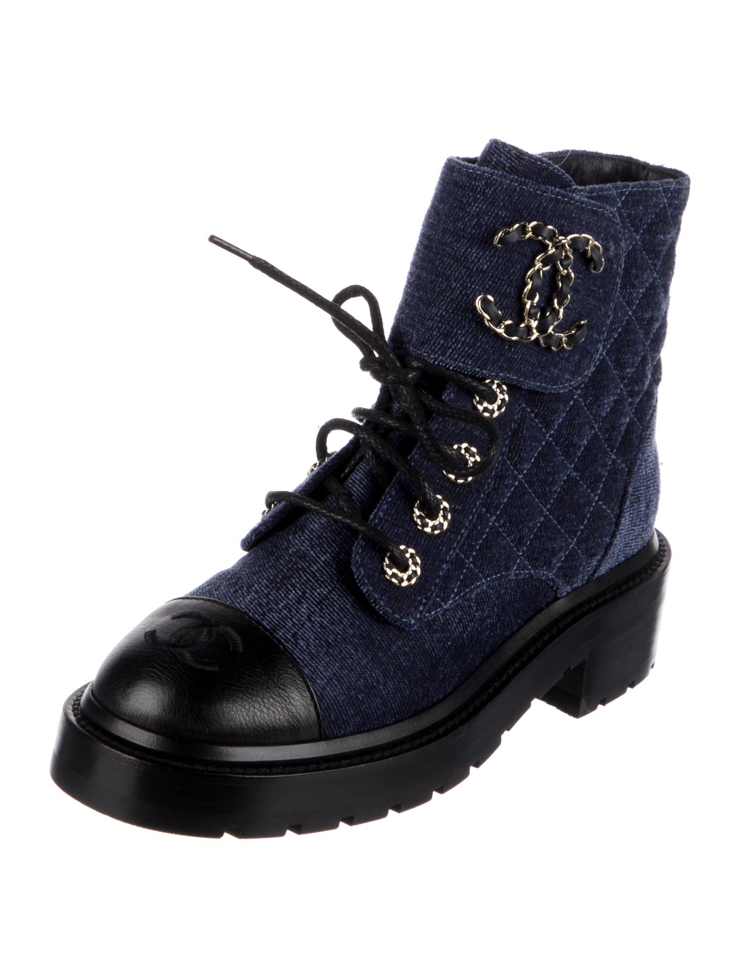 Chanel Interlocking CC Logo Velvet Combat Boots