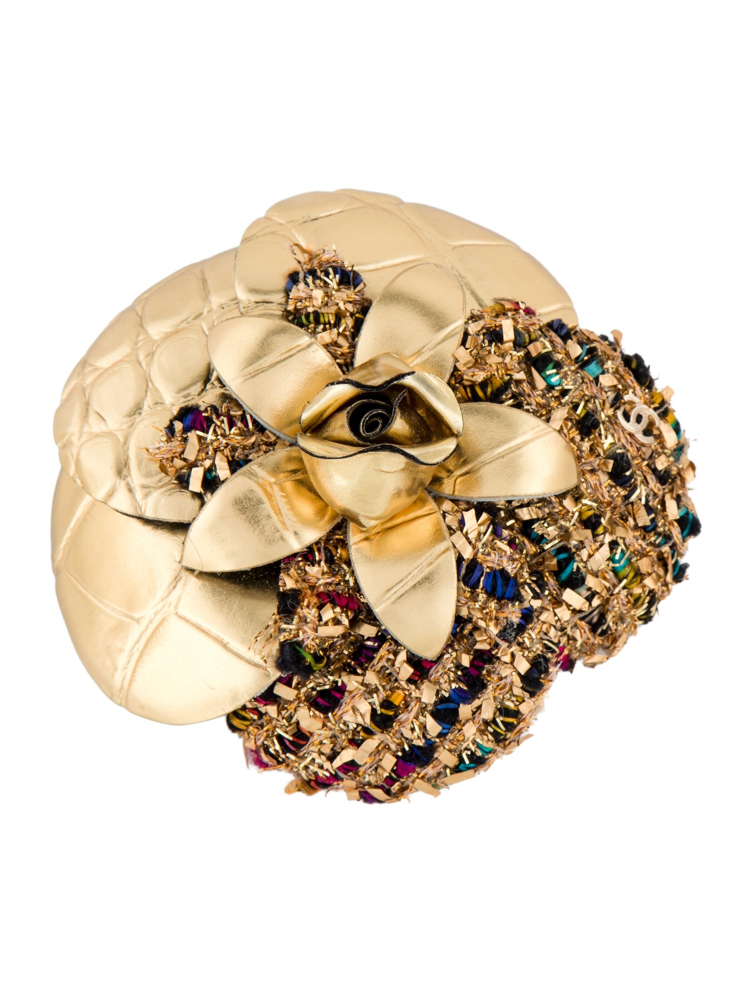 Chanel Tweed, Leather & Fabric CC Camellia Brooch