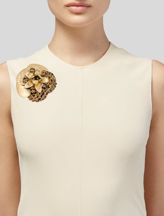 Chanel Tweed, Leather & Fabric CC Camellia Brooch
